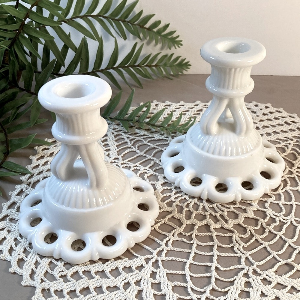 Vintage Doric Lace Milk Glass Candle Holders Westmoreland